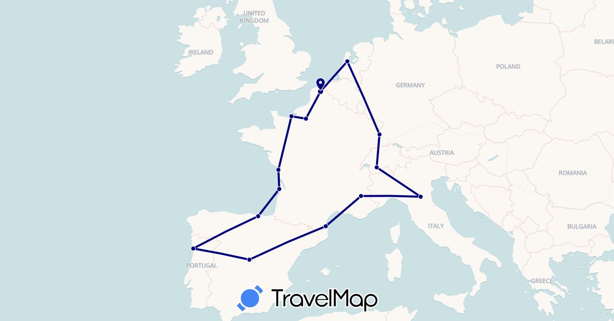 TravelMap itinerary: driving in Switzerland, Germany, Spain, France, Italy, Netherlands, Portugal (Europe)